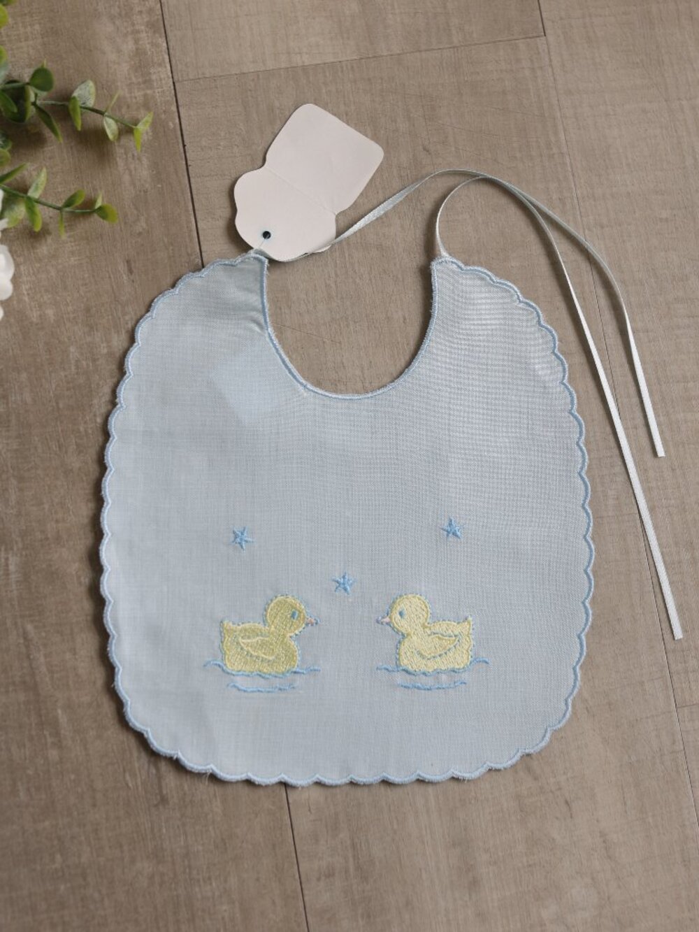 Blue Heirloom 100% Linen Bib Scalloped Embroidery Yellow Duck baby Shower Gift